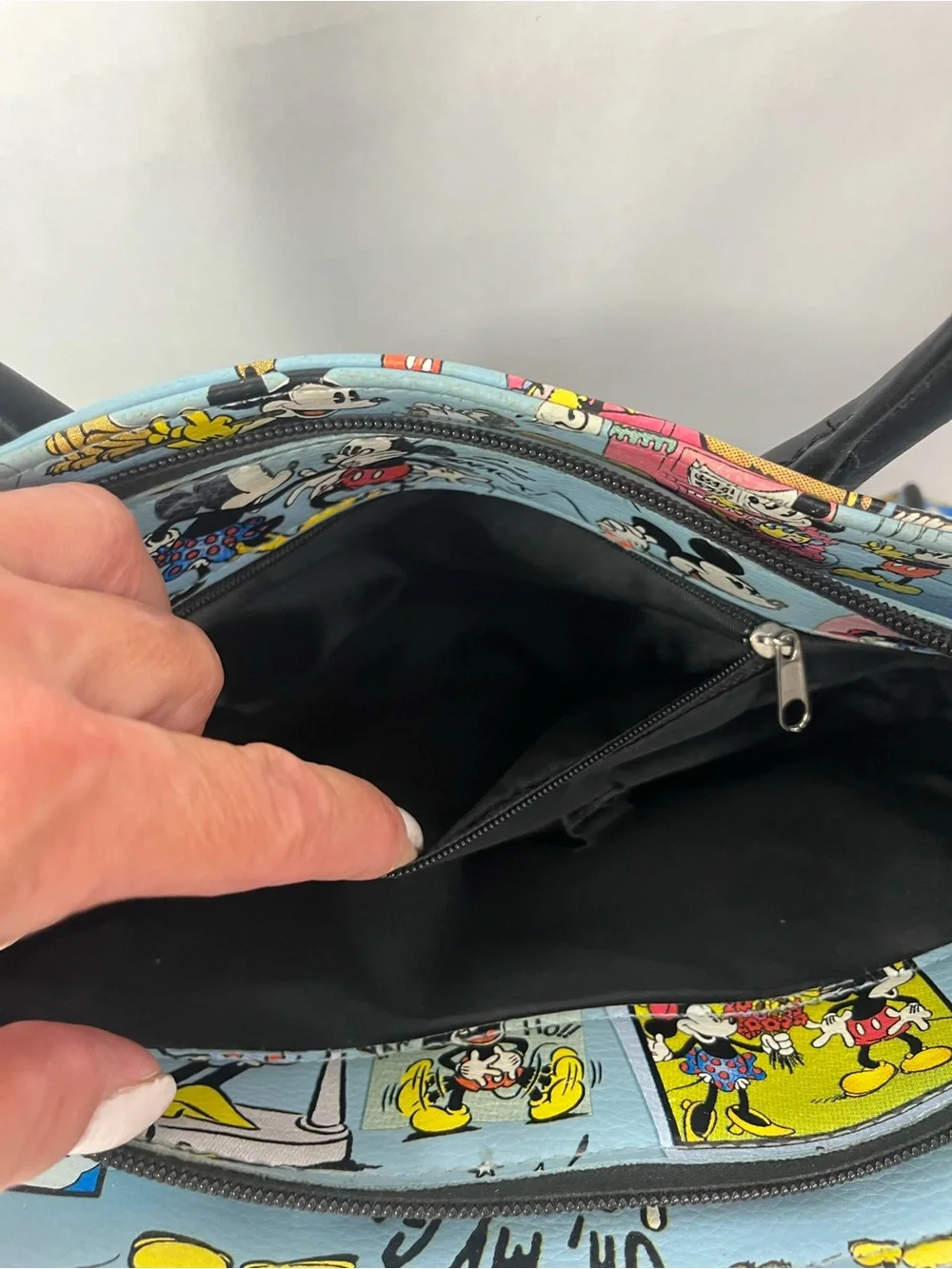 Disney Blue Mickey & Minnie Cartoon Satchel with Black Trim